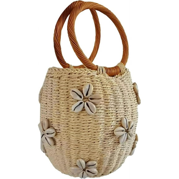 Kukuzhu Summer Straw Bag for Women Pearl Flower Bucket Tote Bag Diamond Handbag Hand Woven Rattan Shell Purse Drawstring