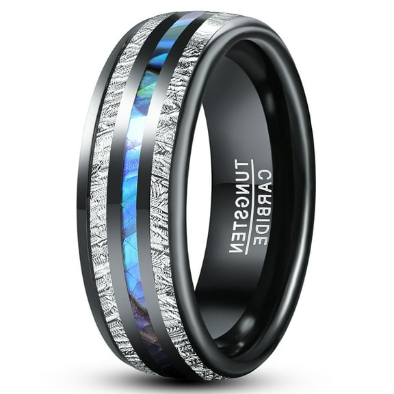 8mm Black Tungsten Rings with Abalone Shell Imitated Meteorite Inlay Wedding Bands