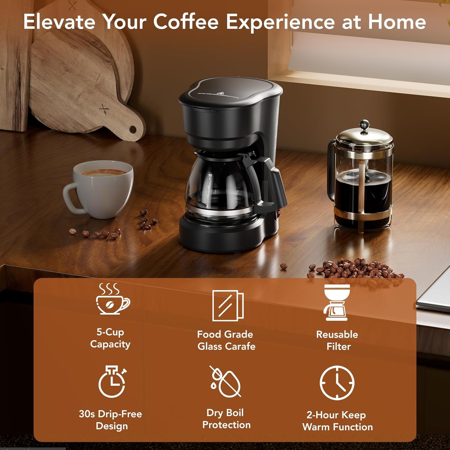 Moifoi 5-Cup Coffee Maker, Anti-Drip & Detachable Funnel, 0.75L, Black
