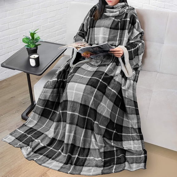 Fleece Blanket with Sleeves for Women Men Adults, Wearable Warm Soft Plush, Snuggle Pocket Sleeved TV Throw Wrap, Cozy White Elephant Gifts Ideas Mom Wife, Plaid Gray
