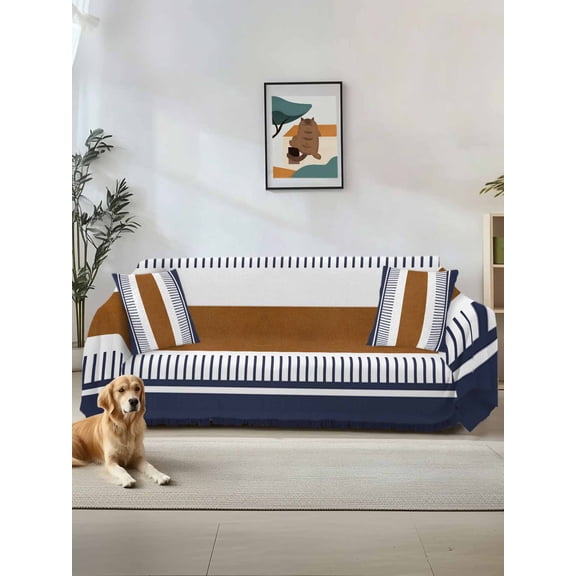Modern Brown Blue Sofa Covers for 2-3 Cushion Couch L-Shaped Sectional, Boho Contemporary Geometric Striped Washable Sofa Covers Slipcover for Living Room Furniture, Couch Cover Blanket 71"x134"