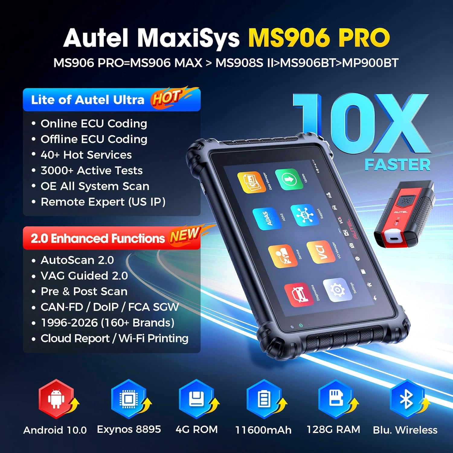 Autel Scanner MaxiSys MS906 PRO, 2026 MS906PRO Same as MS906MAX, 2.0 of MS908S MS906BT MK908 II, DoIP CAN FD, 36+ Service, 3000+ Active Tests, Auto Scan 2.0, OE Bidirectional Diagnostic, 4G/128G, FCA