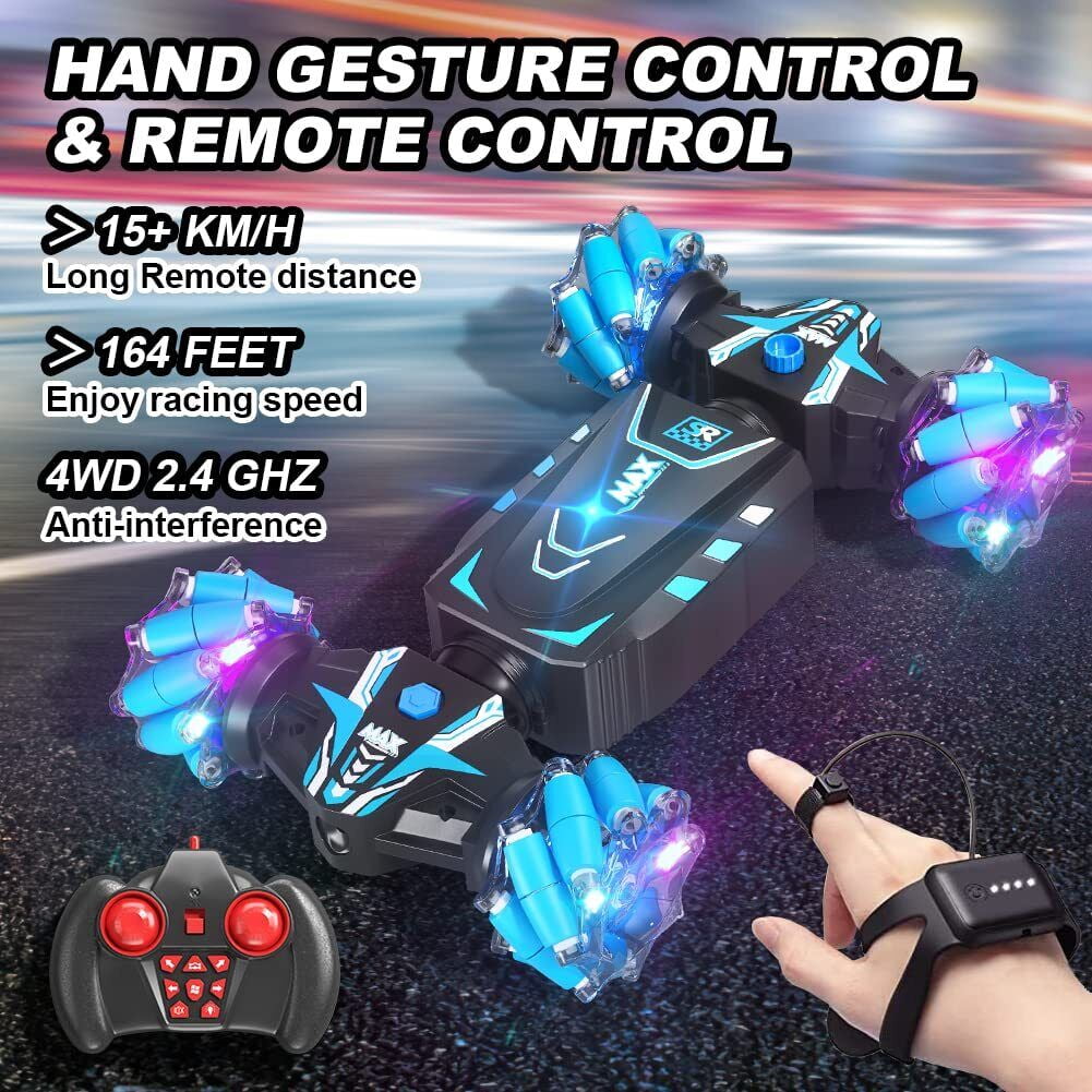 Remote Control Car Hand Controlled Gesture RC Stunt Car with Spray & Lights & Music, 4WD 2.4GHz Off-Road Vehicle 360° Double Sided Rotation Crawler Vehicle RC Car-Blue