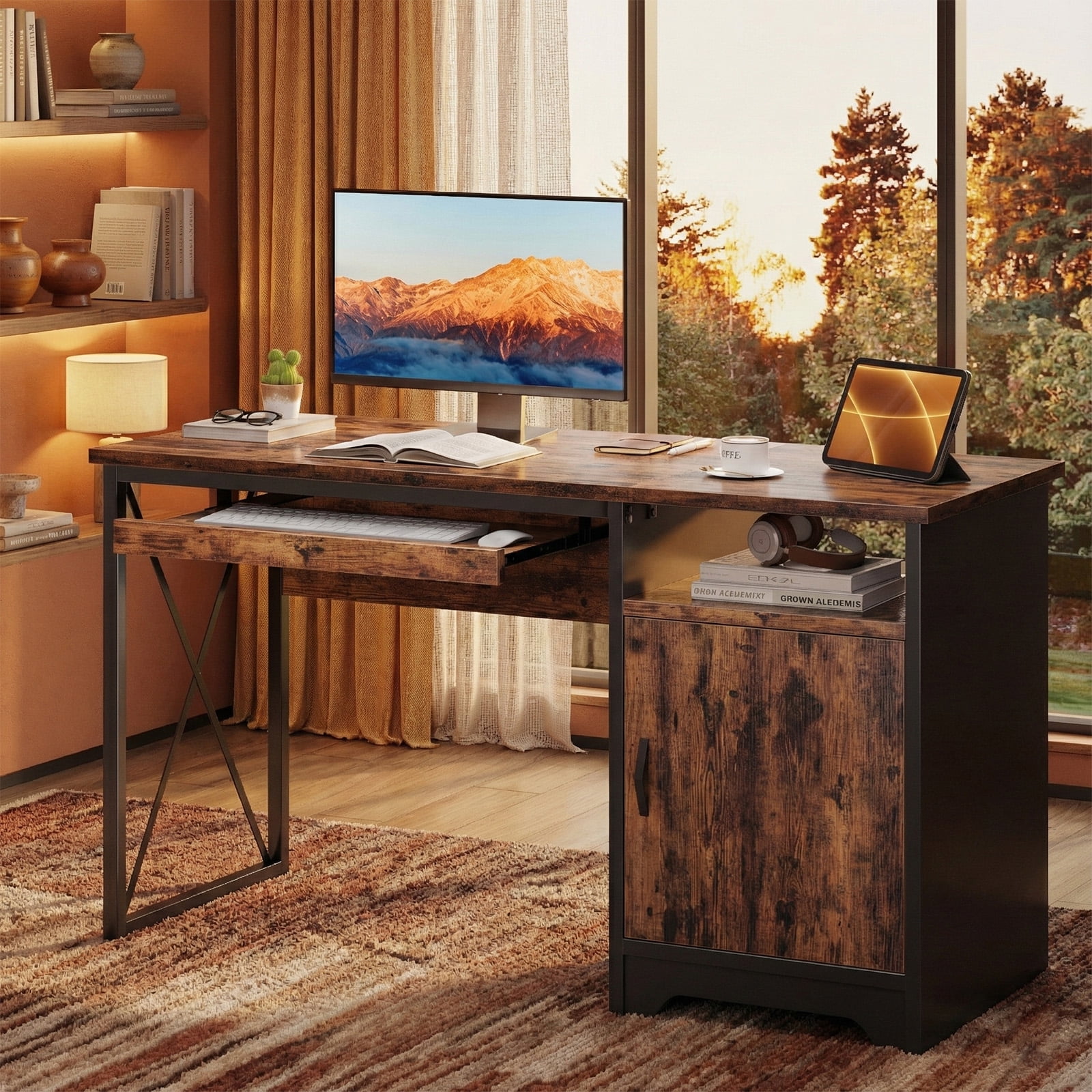 Bestier 47" Computer Desk Reversible Home Office Desk Executive PC Table with Keyboard Tray and Storage Cabinet, Rustic Brown