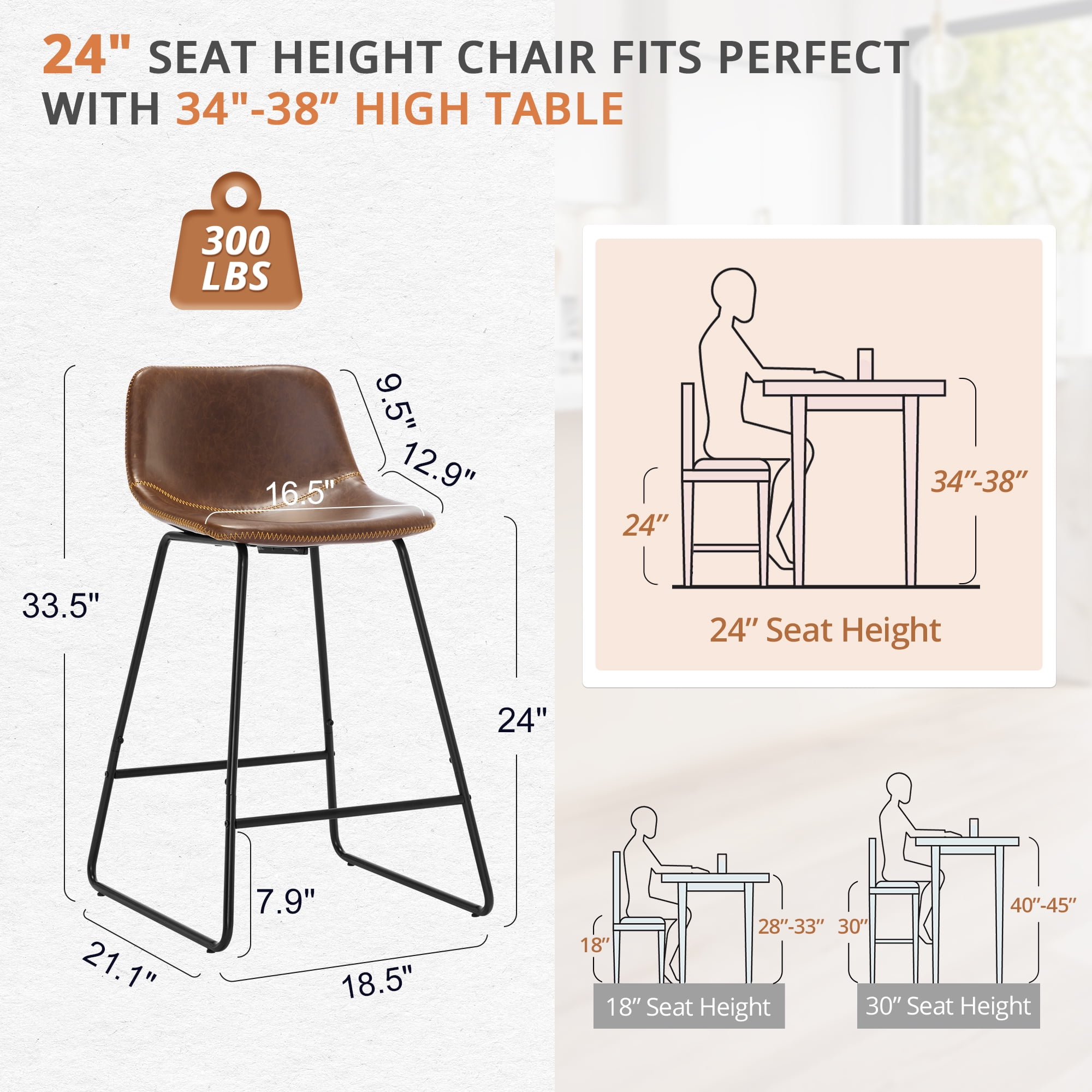 Dycanpo 24" Bar Stools Set of 4 with Back, Faux Leather, Metal Legs for Home Kitchen Island, Brown