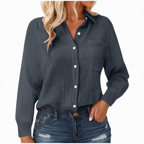 Godom Womens Cotton Linen Button Down Shirt 2025 Fall Winter Casual Long Sleeve Solid Color Shirts Loose Work Tops with Pockets