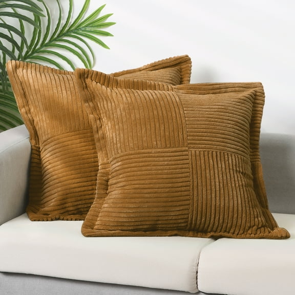 NOMADIC NOOK Set of 4 Corduroy Solid Striped Throw Pillow Covers for Home Decorations Brown/Red 18" x 18"
