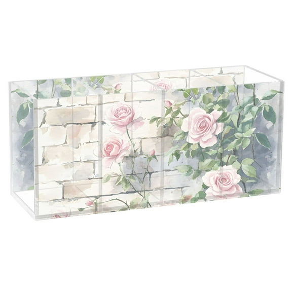 Pen Holder 4 Compartments Acrylic Pencil Cup Desktop Makeup Organizer Office Supplies Pink Roses Climbing on Wall