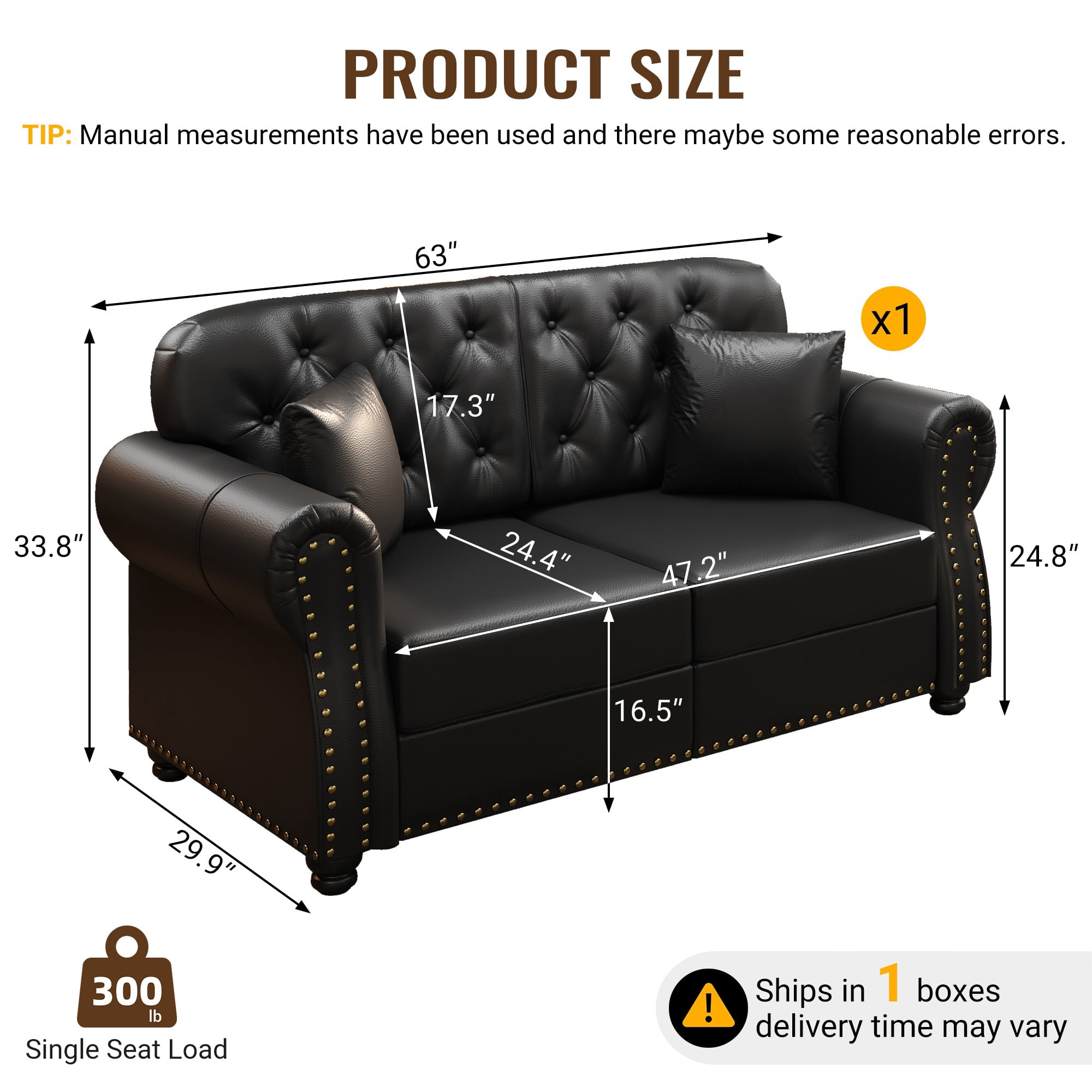 AENKYO 63" Faux Leather Loveseat, Mid-Century Chesterfield 2-Seater Sofa with Tufted Back & Nailhead Trim, Black