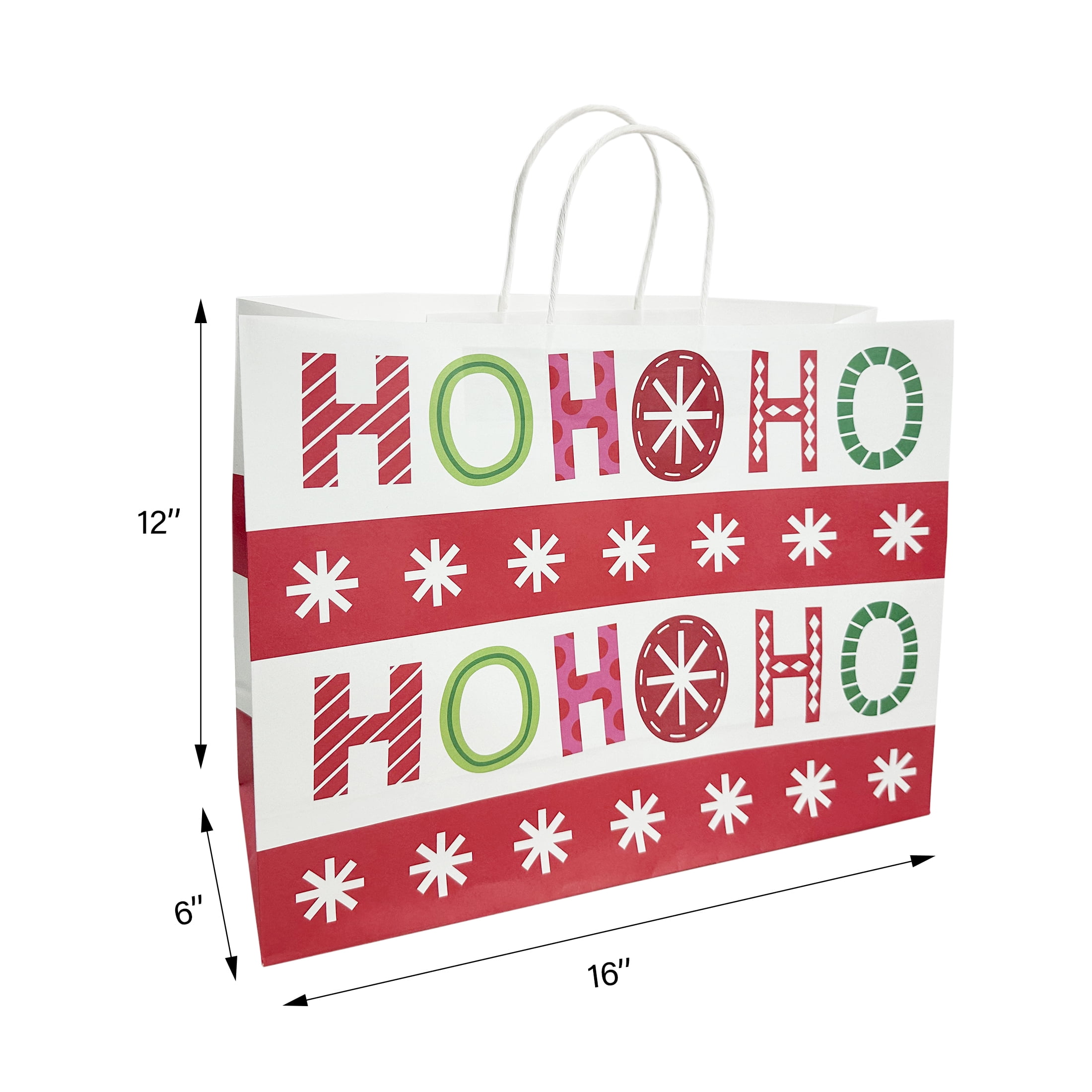 Holiday Time Christmas Gift Paper Bag, XLarge, Santa, Reindeer, Snowflake, Hohoho, 16x6x12in