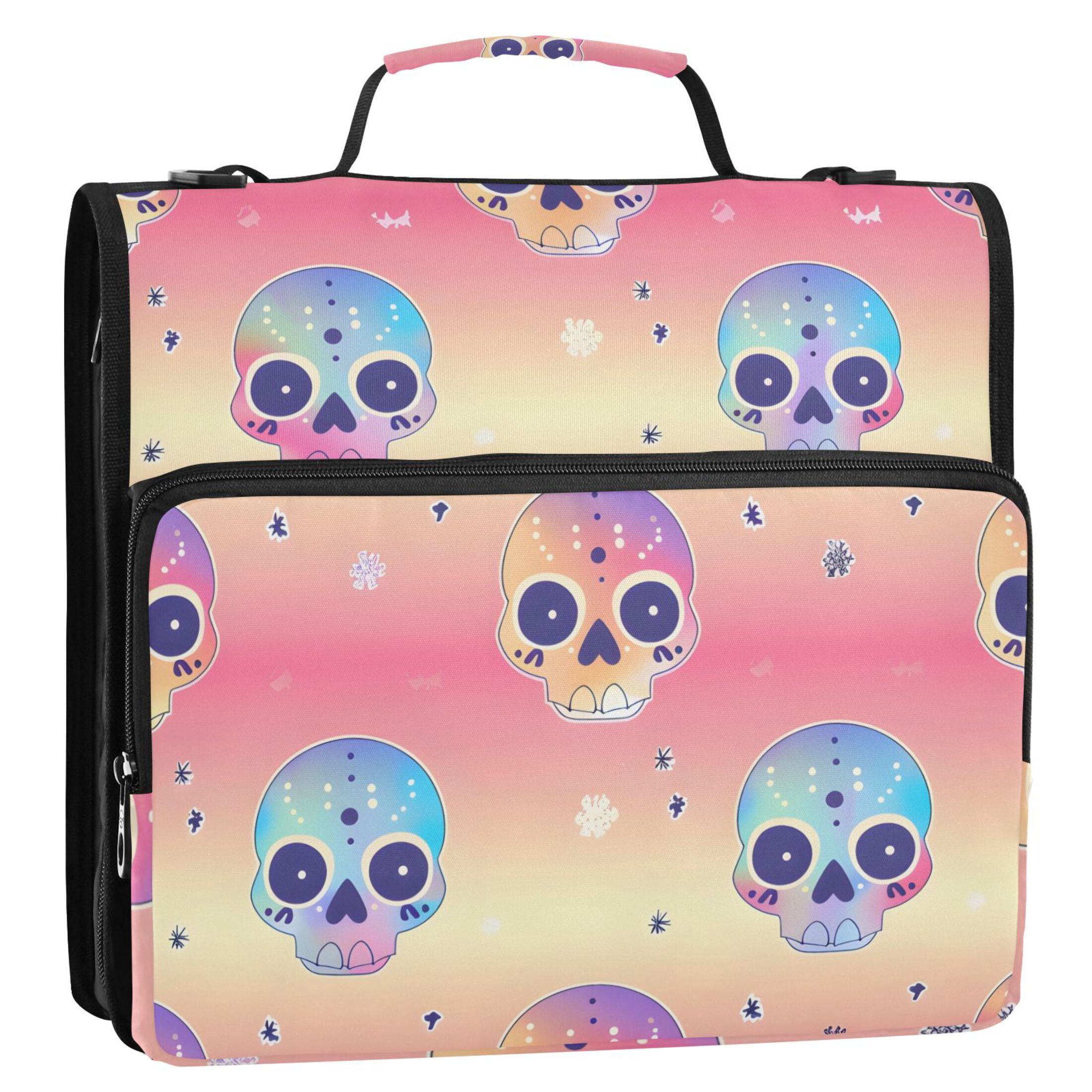 3 Ring Zipper Binder with Shoulder Strap Waterproof Trapper Keeper 2 Inch D-Ring 500 Sheets Capacity Cute Colorful Skull Head