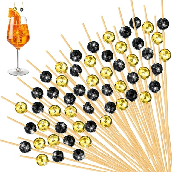 Lsupdaol 300 Pcs Cocktail Picks Disco Ball Decorative Toothpicks for Appetizers Fancy Bamboo Skewers for Drinks Wedding Disco Party Decorations 70s 80s 90s Party Supplies(Gold, Black)
