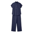 thumbnail image 4 of Levmjia Women Linen Two Piece Set Short Sleeve Stand Collar Shirt And Wide Leg Pants Casual Summer Outfit Solid Color Breathable Soft Vacation Beach Office, 4 of 7