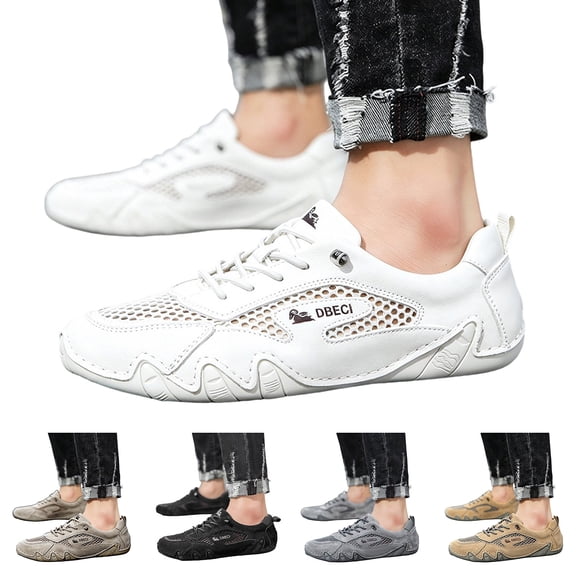 Pandaie Women's Men's Leather Mesh Trail Shoes for Hiking Walking Lightweight Breathable Barefoot Summer Sports Retro Sneakers Black,6.5