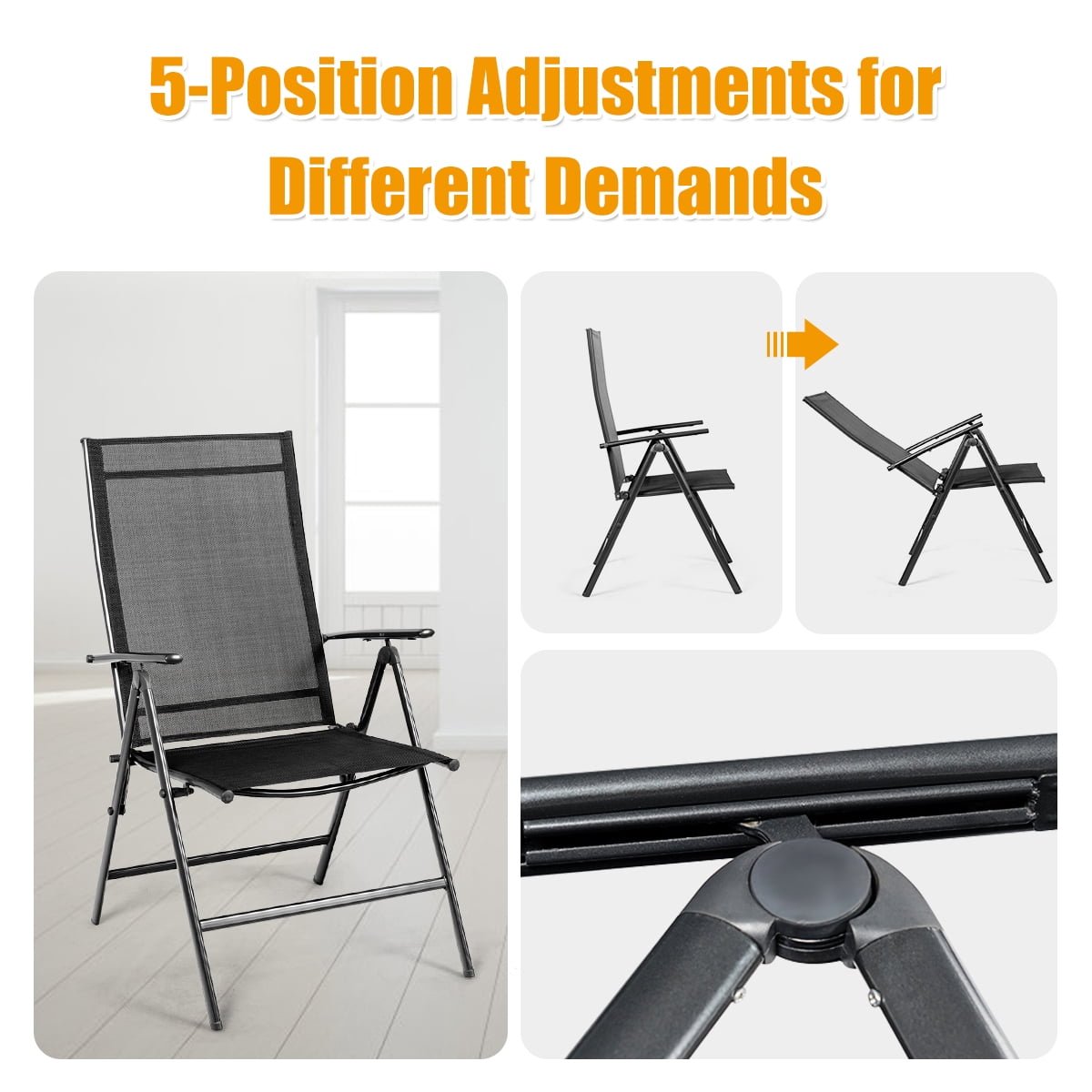 Costway 4PCS Patio Folding Dining Chair Recliner Adjustable Black