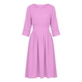 thumbnail image 3 of Ohufall Women's Dresses Long Sleeve Round Neck Flowy Midi Dress Solid Color Vacation Fashion Dress, 3 of 6