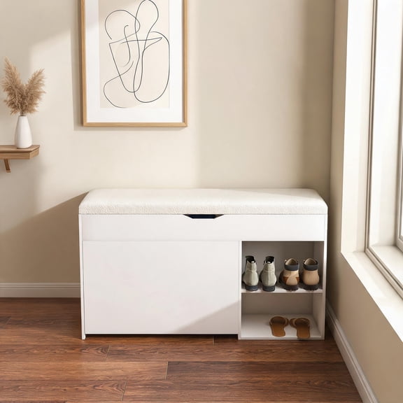 Entryway Hallway Storage Bench, 3-tier Shoe Organizer, Modern White-toned MDF Construction, 39-inch Flip-Top Hidden Storage Seats 2