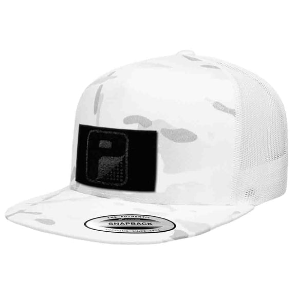 Pull Patch Camo Flat Bill Snapback Trucker Hat | Alpine White Camo & White Tactical Cap | 2x3 in Loop Surface to Attach Morale Patches