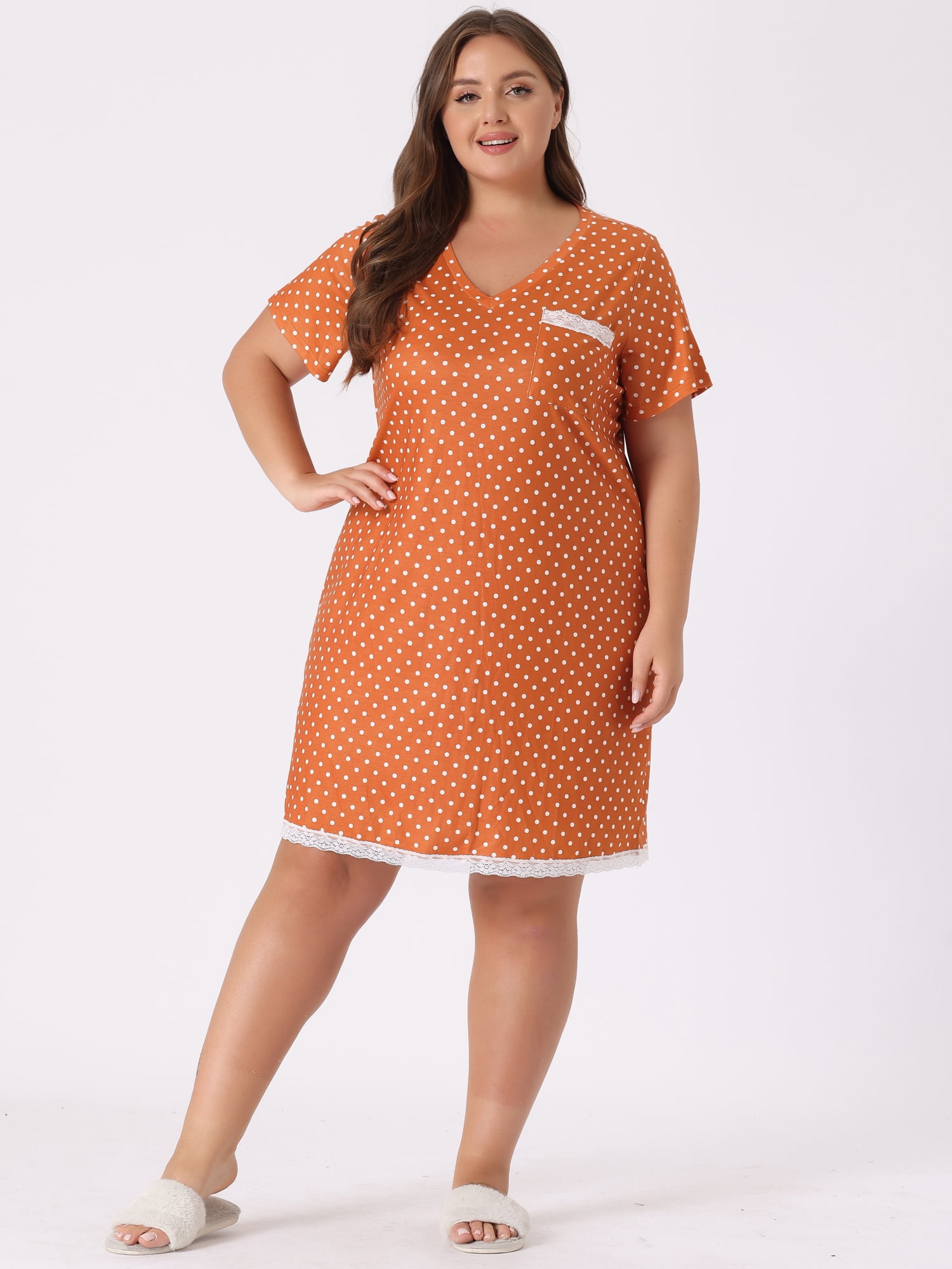 DARING DIVA Women's Plus Size Soft Short Sleeve Lace Trim Pajama Dress 1X Orange