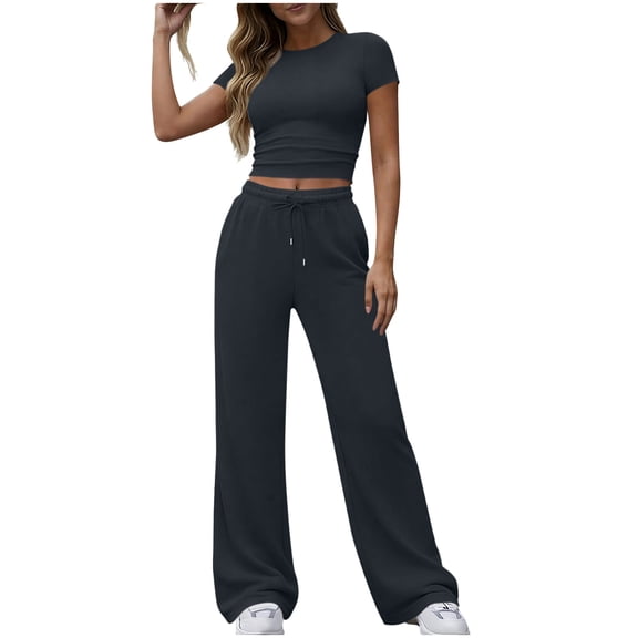 Aofany Summer 2 Piece Outfit Set for Women Ruched Short Sleeve Tops and Wide Leg Pants with Pockets Casual Tracksuit Sets Ladies Loungewear