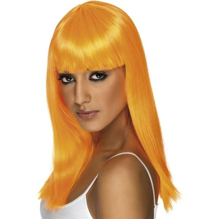 Long Straight Neon Orange Glamourama 80's Punk Rock Adult Costume Wig