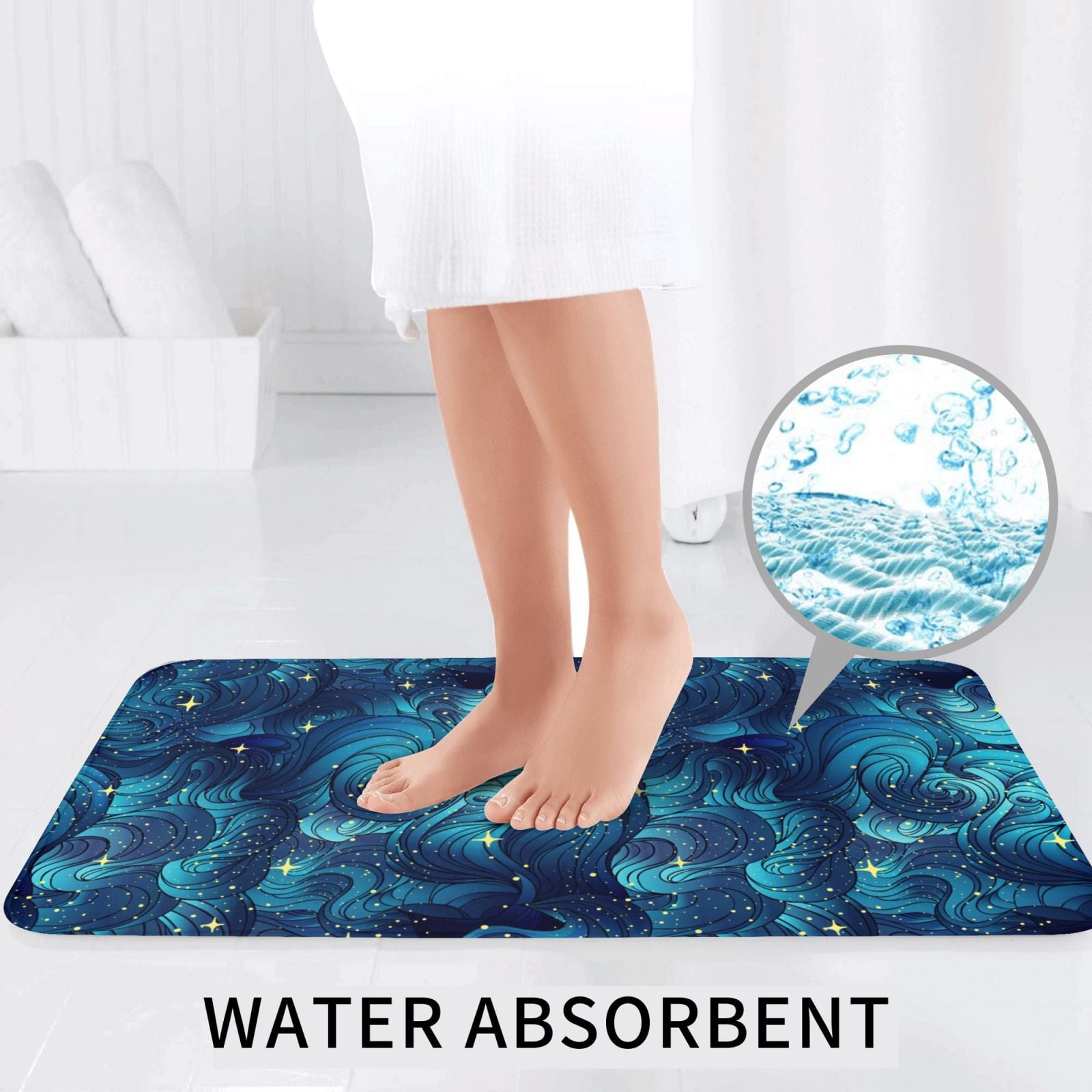 Bathroom Rugs Sets 3 Piece - shiny star navyblue wave Absorbent Non Slip Bath Mats, U-Shape Toilet Lid Cover, Contour Mat, Soft Washable Shower Mats Bath Rug Mat for Bathroom Tub Toilet