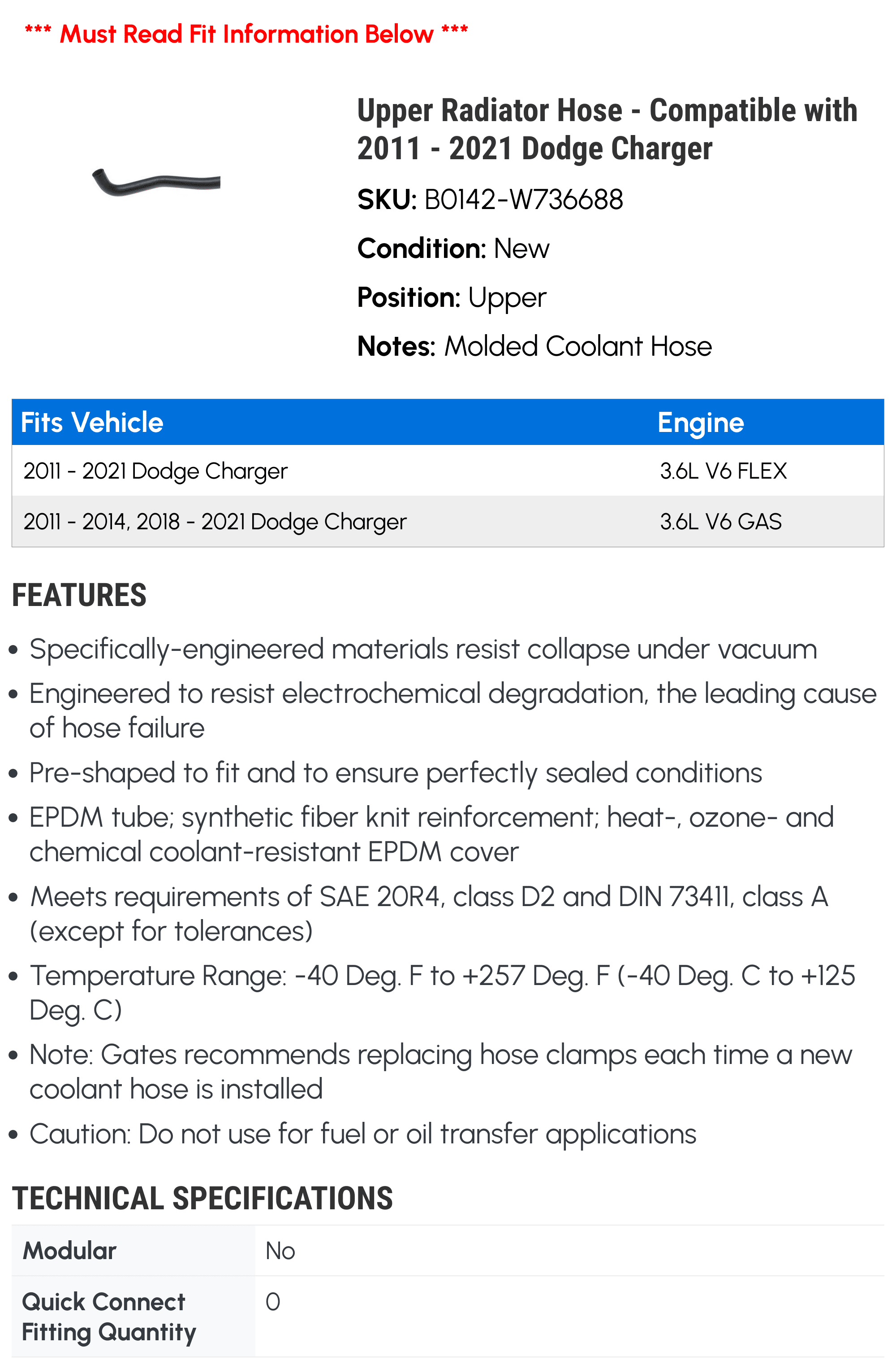 Upper Radiator Hose - Compatible with 2011 - 2021 Dodge Charger 2012 2013 2014 2015 2016 2017 2018 2019 2020