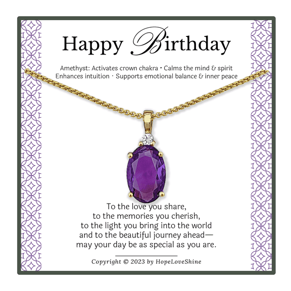 HOPE LOVE SHINE Amethyst Birthday Necklace – Healing Crystal Gift for Her, Crown Chakra Jewelry for Women