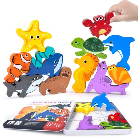 Wooden Animal Puzzles Toys for Toddlers 12 Pcs Sea Animals Figures Animal Matching Sorting Stacking Toy for Boys Child Girls Educational Learning Toys Gift for Kids