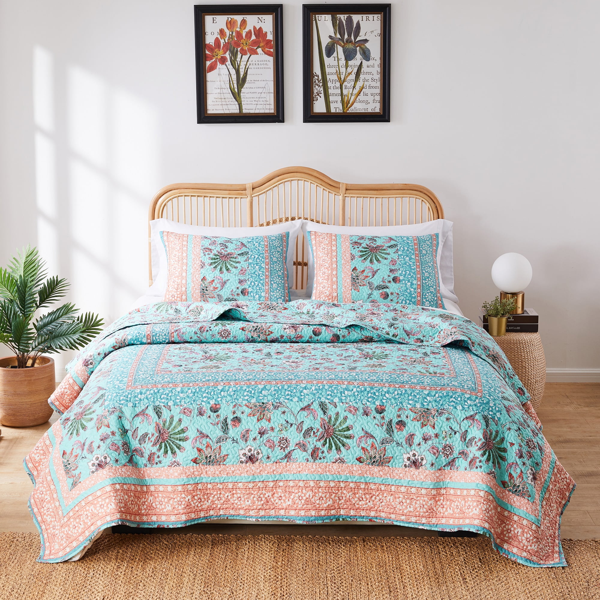 Barefoot Bungalow Audrey Vintage Floral Quilt Set, Reversibe, 3-Piece Full/Queen, Turquoise
