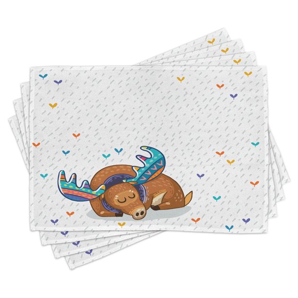 Moose Placemats Set of 4 Colorful Antlers Boho Deer Retro Artsy Winter