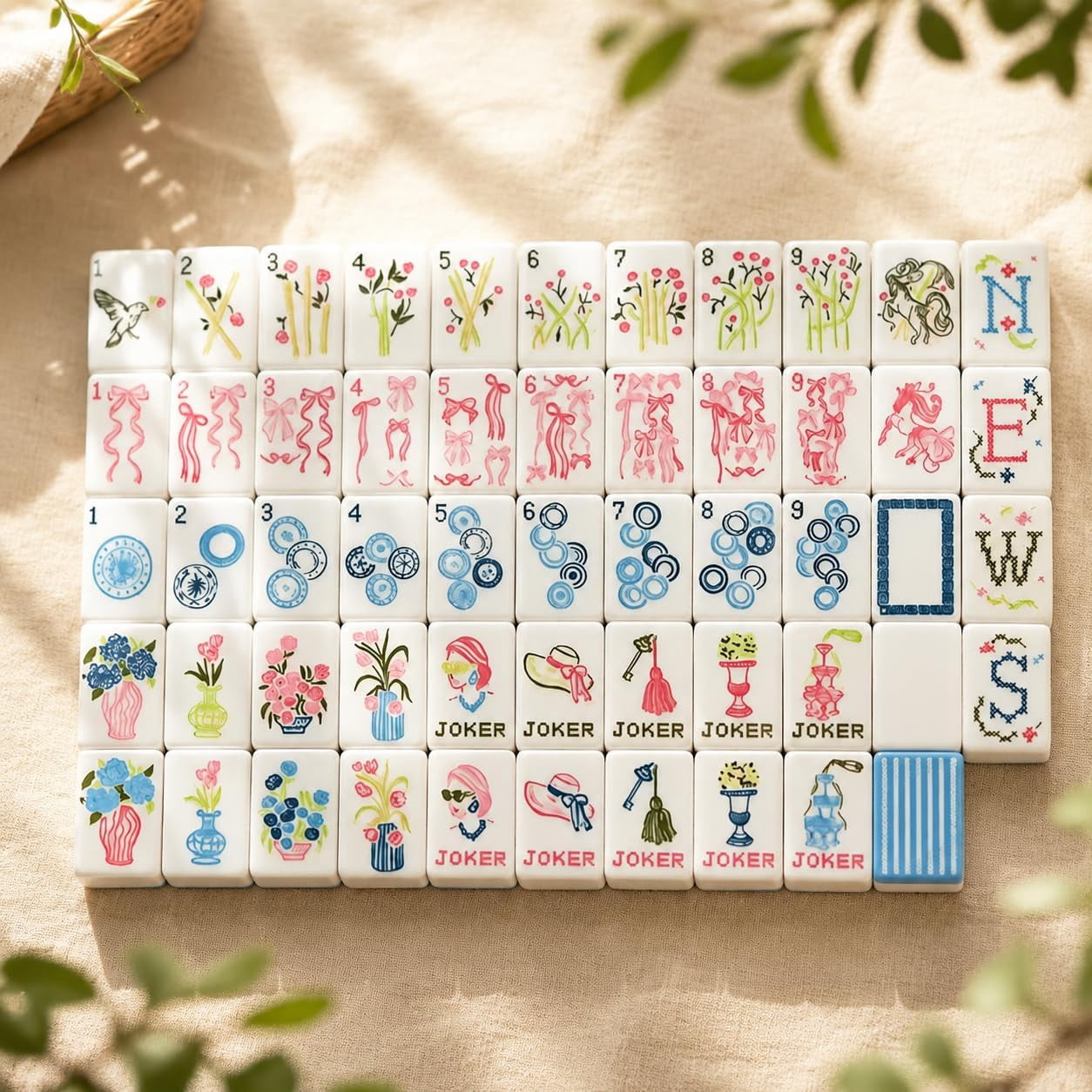 Blue & White Floral American Mahjong Set, 160 Acrylic Tiles, Travel Game Set with Bag