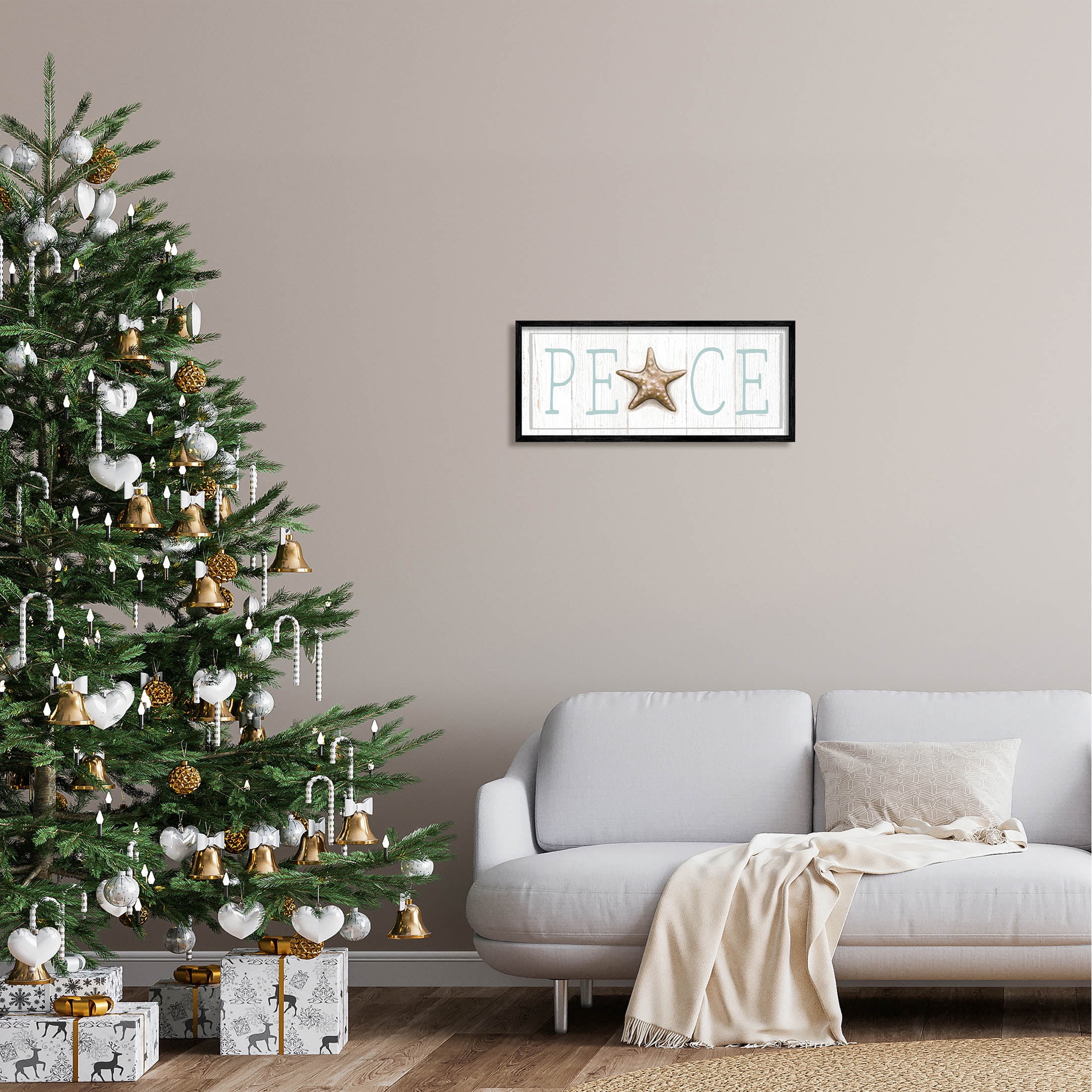 Stupell Industries Peace Seasonal Starfish Sign Graphic Art Black Framed Art Print Wall Art, Design by Elizabeth Tyndall