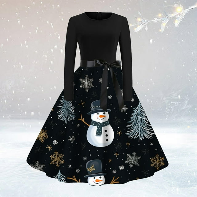 Robe Formelle Grande Taille Femme Col Rond Manches Longues Patchwork Joyeux Noël Imprimé Grande Robe Robes de Noël pour Femmes en Liquidation
