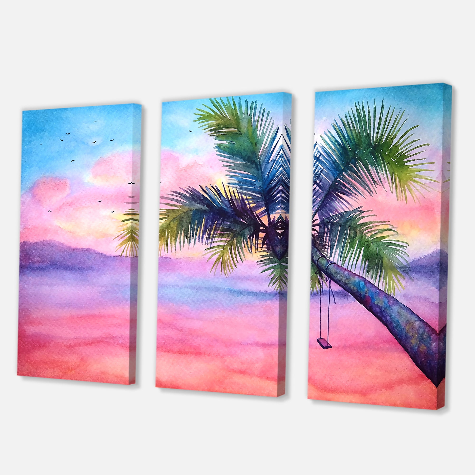 Designart ' Vivid Sunset Landscape With Swing and Palm ' Nautical & Coastal Canvas Wall Art Print
