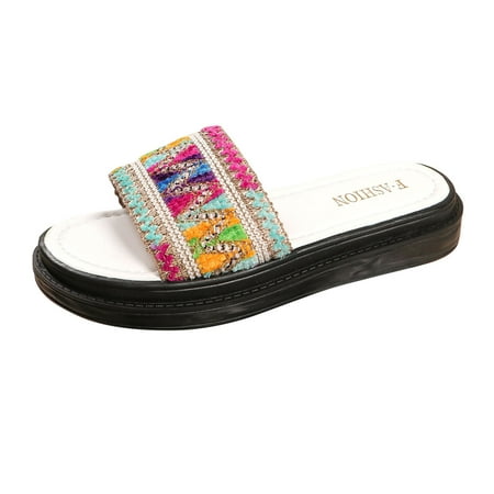 OJSFQUFP Sandals Womens Ladies Fashion Ethnic Style Woven Print Open Toe Flat Bottom Beach Sandals Soft Sole Outdoor Beach Shoes WomenS Slippers Green 40