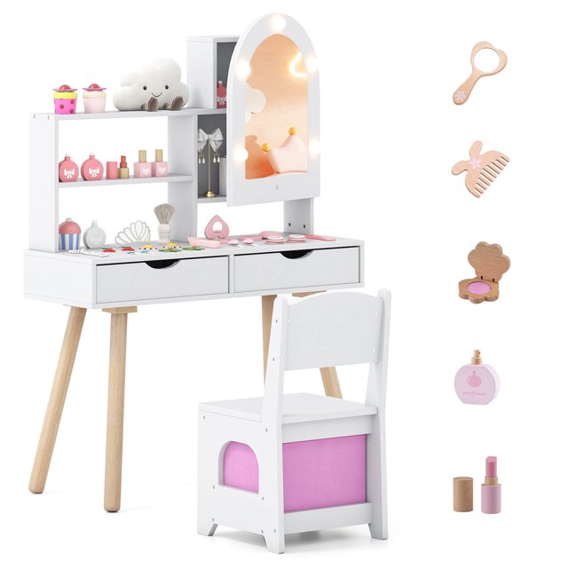 Costway Kids Vanity Set with 3-Color Lighting Modes, Adjustable Brightness, Mirror Cabinet White