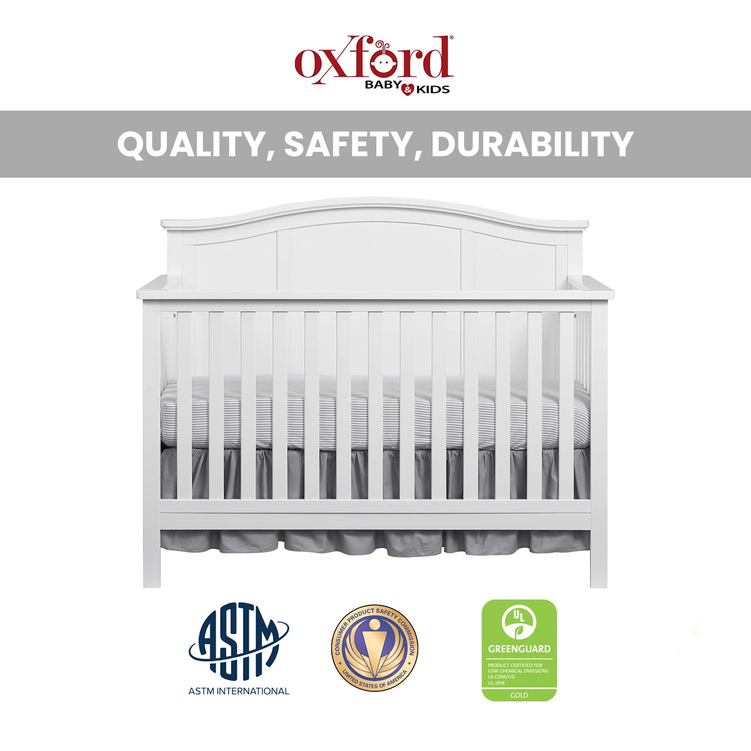 Oxford Baby Emerson 4-in-1 Convertible Crib, Snow White, GREENGUARD Gold Certified, Wooden Crib
