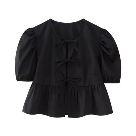Womens Bow Tie Front Cute Babydoll Tops Puff Sleeve Summer Loose Peplum Ruffle Blouse Y2K Lace Up Going Out Shirts