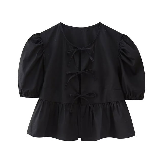 cfhntfmh Hauts d'Été pour Femmes Mode Col Rond Nœud devant Manches Courtes Bouffantes Chemises Babydoll Blouses Décontractées Amples