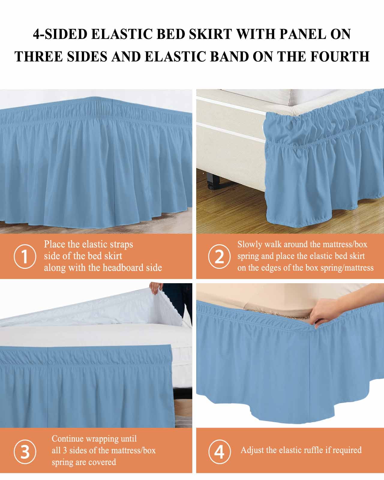 Dusty Blue Bed Skirt Queen Size 18" Drop Solid Color Ruffled Wrap Around Bed Skirts Adjustable Elastic Bedskirt Dust Ruffle for Queen Size Bed
