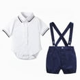 thumbnail image 4 of 12-18 Months Infant Baby Boys 2 Piece Formal Suit,Short Sleeve Shirt + Cuffed Suspender Shorts + Coordinated Bow Tie,Kids Gentleman Baptism Outfit,Summer Photo Birthday Wedding Attire,Blue, 4 of 9