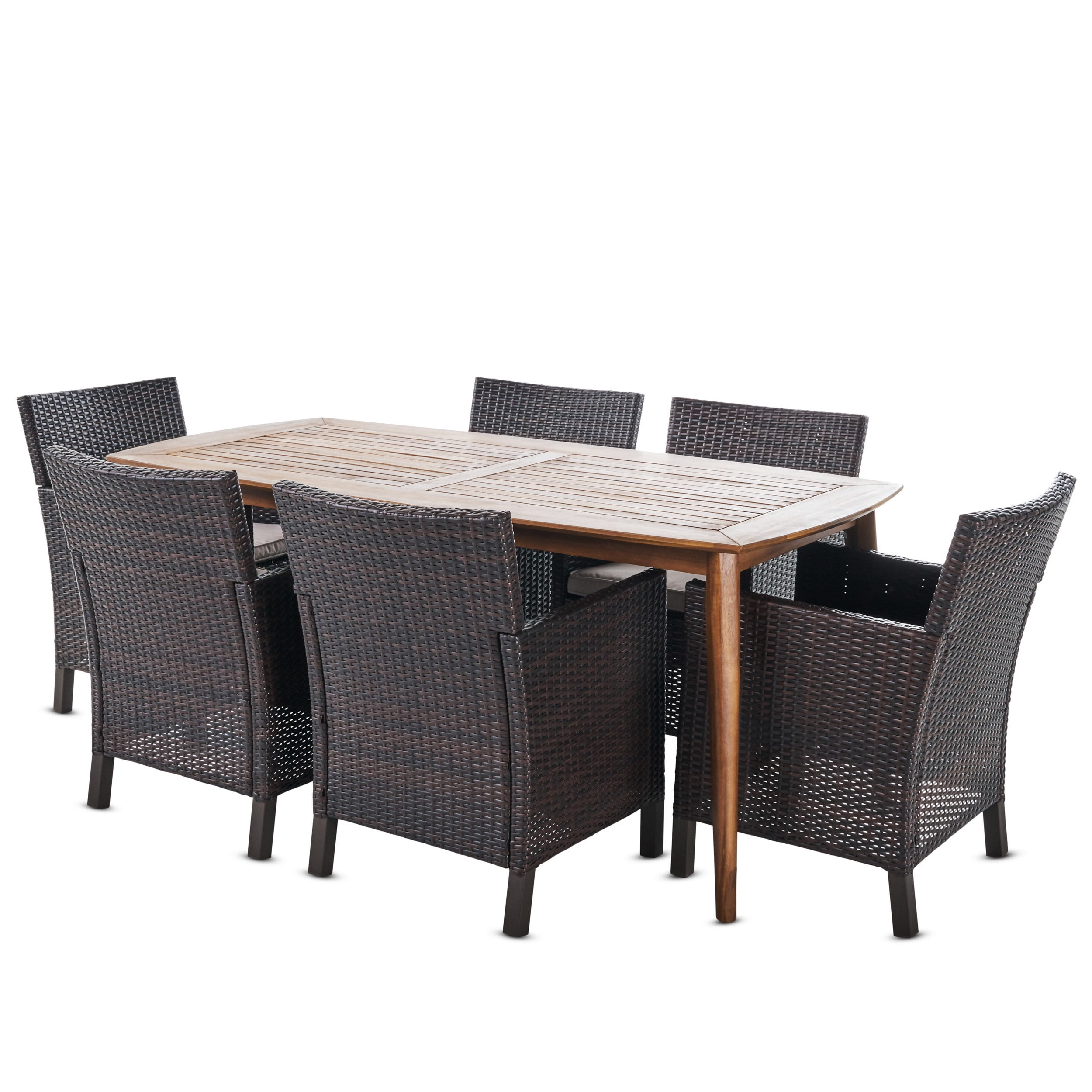 Remy Outdoor 7 Piece Wicker Dining Set with Teak Finished Round Acacia Wood Table and Cushions, Multibrown, Light Brown