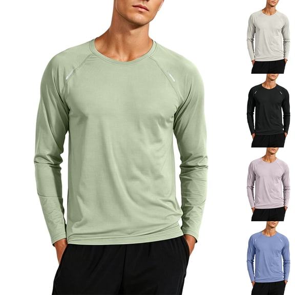 Asxite Men Plus Size Tops Round Neck Long Sleeve Solid Breathable Fast Dry Sport Shirts