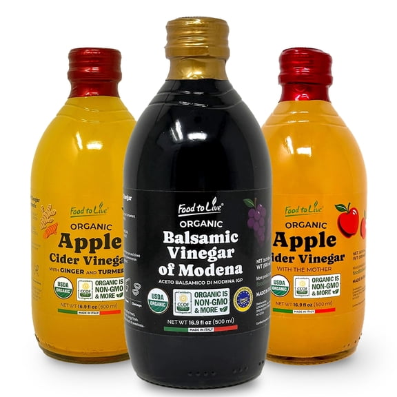 Food To Live Organic Vinegar Bundle, Set of 3 – Italian Balsamic Vinegar of Modena, Apple Cider Vinegar with Ginger and Turmeric, Apple Cider Vinegar with the Mother, Non-GMO, Vegan