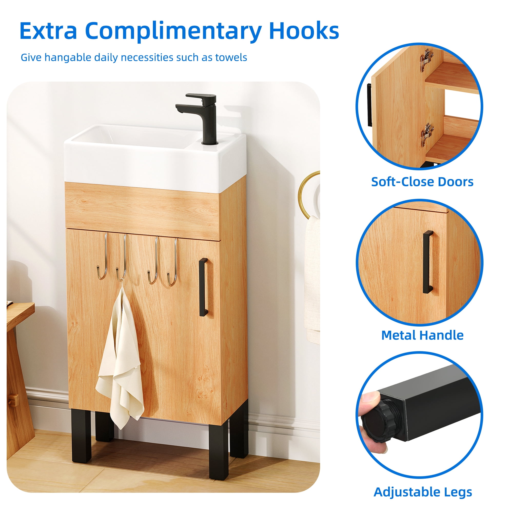 Dextrus 16 Inch Small Bathroom Vanity with Undermount Sink, Free Standing Bathroom Storage Cabinet with Drain, Oak