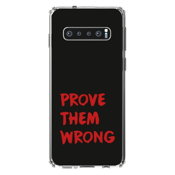 DistinctInk Clear Shockproof Hybrid Case for Samsung Galaxy S10 (6.1" Screen) - TPU Bumper, Acrylic Back, Tempered Glass Screen Protector - Prove Them Wrong - Black & Red