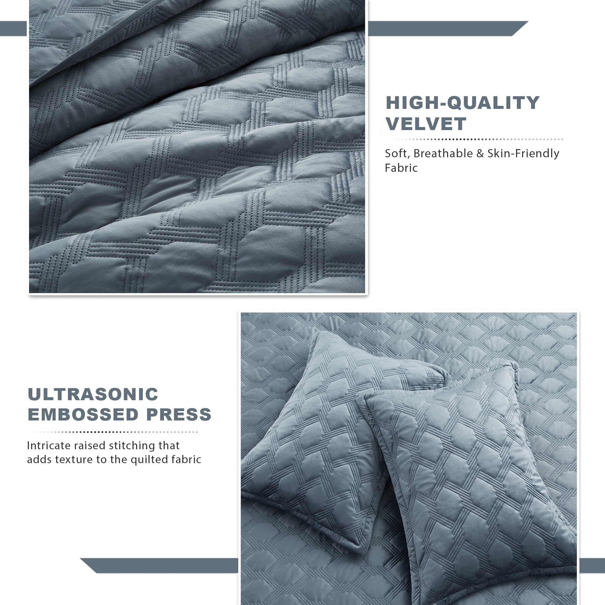 IR Imperial Rooms Luxury Velvet Quilt Set Ultrasonic Embossed Bedspread Geometric Pattern 2-Piece Soft Reversible Twin Size Bluish Gray