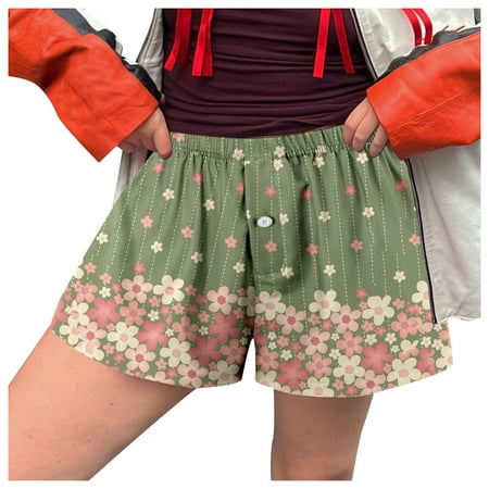 WNVMWI Womens Shorts Boxer Shorts for Women Black Mini Skirt Women s Casual Shorts Summer Floral Printed Button Loose Pajama Short Sleepwear High Waisted Drawstring Wide Leg Beach Shorts Green Wo S