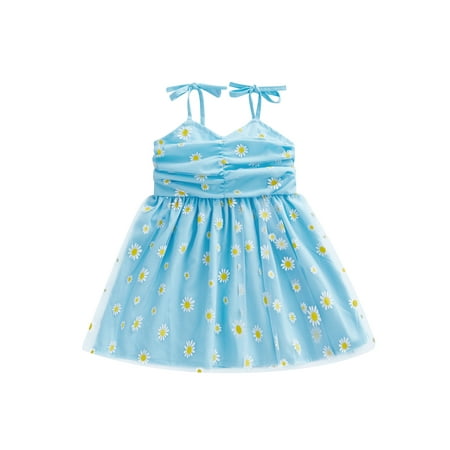 

Sunisery Kids Girls Princess Dress Daisy Print Sleeveless Sling Dress Summer Casual Tie-Up Mesh Tulle Tutu Dress Blue 1-2 Years